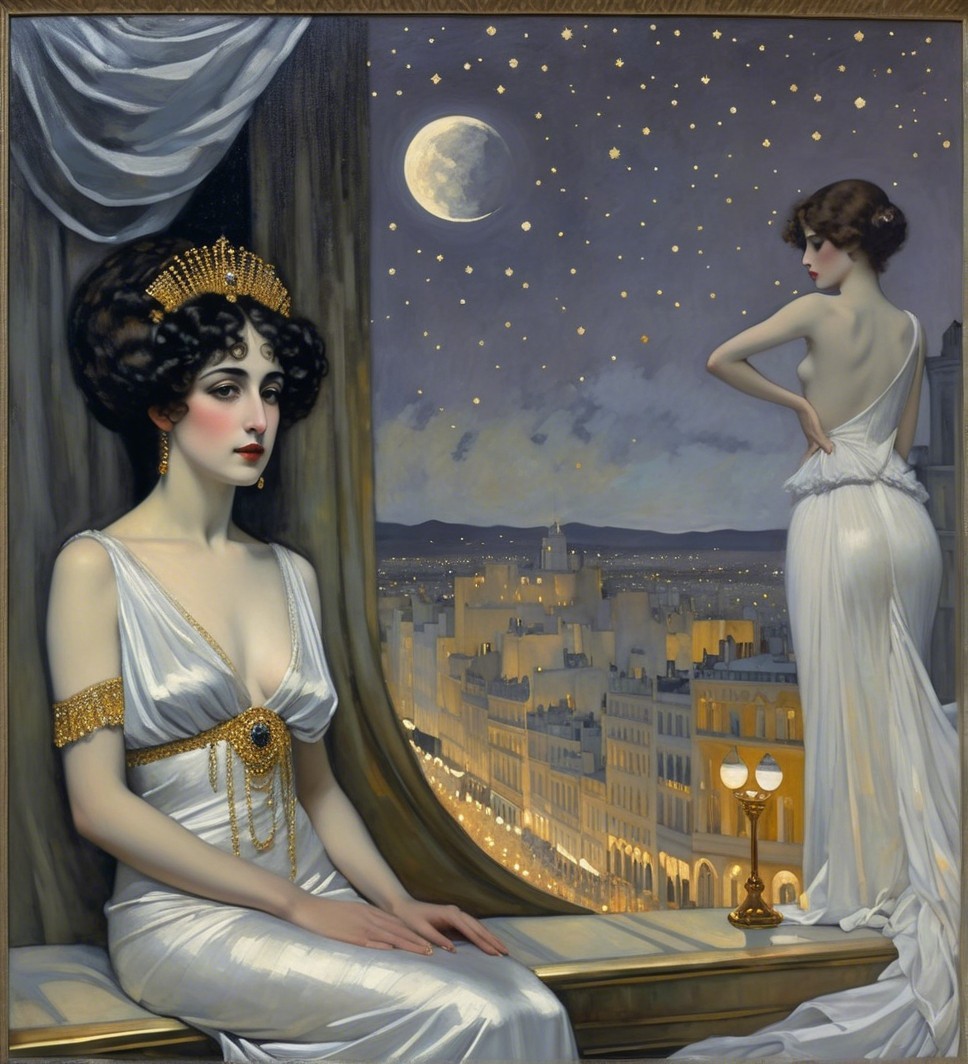 Elegant Figures in White Gowns by a Window at Night