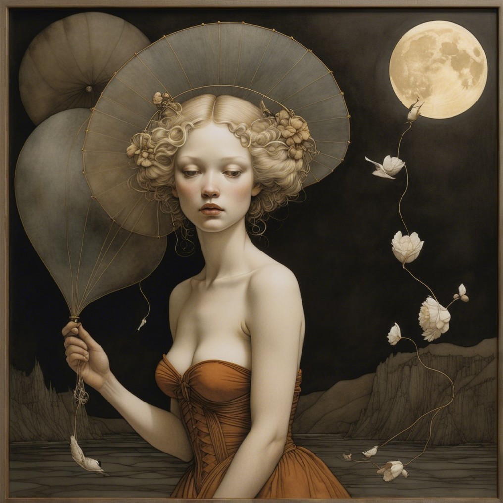 Serene Woman in Orange Gown with Balloons and Moonlight
