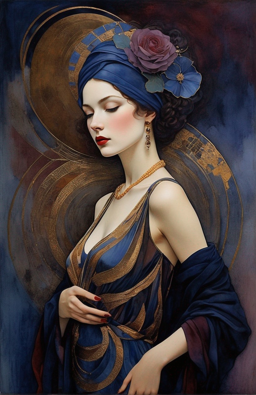 Elegant Portrait of Woman in Blue Headscarf and Gown