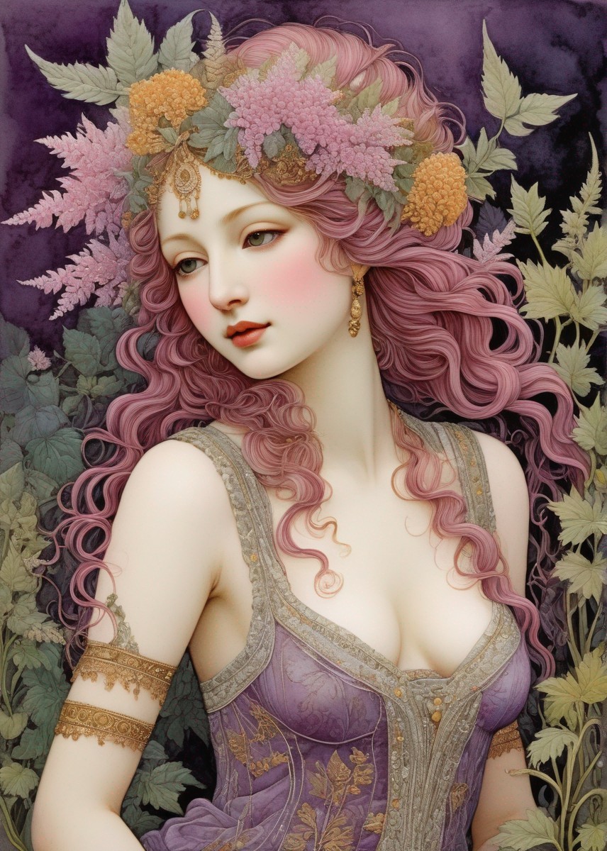Woman with Pink Hair in Floral Headpiece and Purple Dress