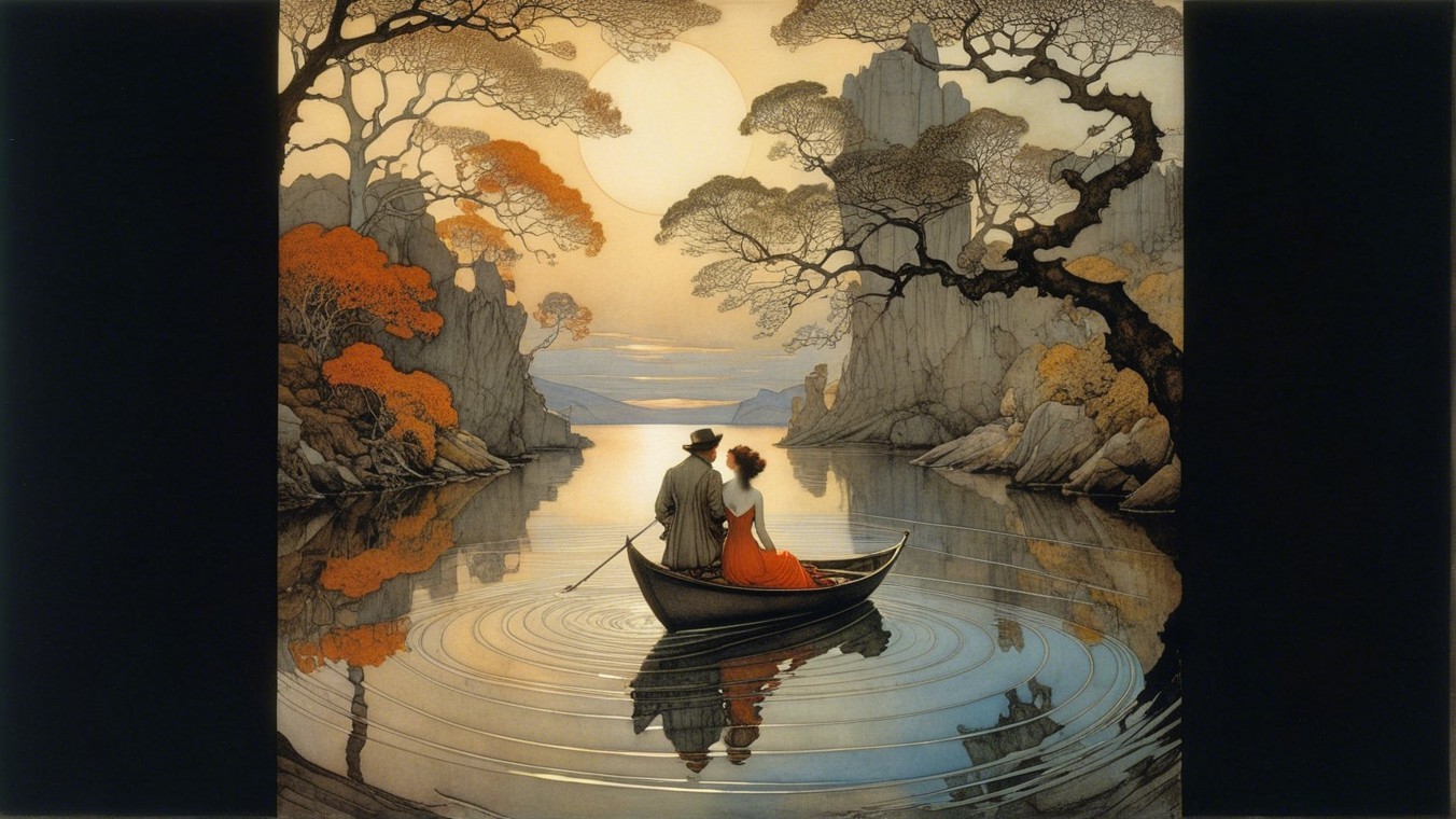 Couple in Boat on Tranquil Lake with Autumn Landscape