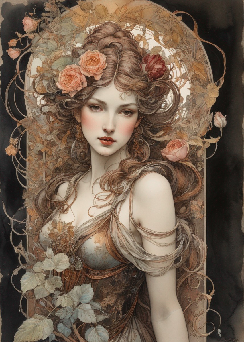 Illustrated woman with roses in vintage style illustration