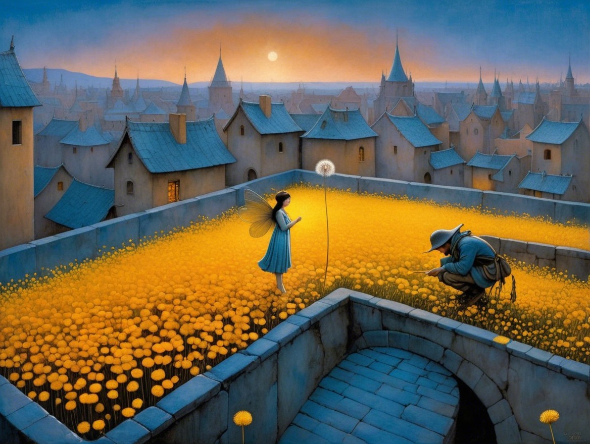 Fairy Reading in a Vibrant Rooftop Flower Garden