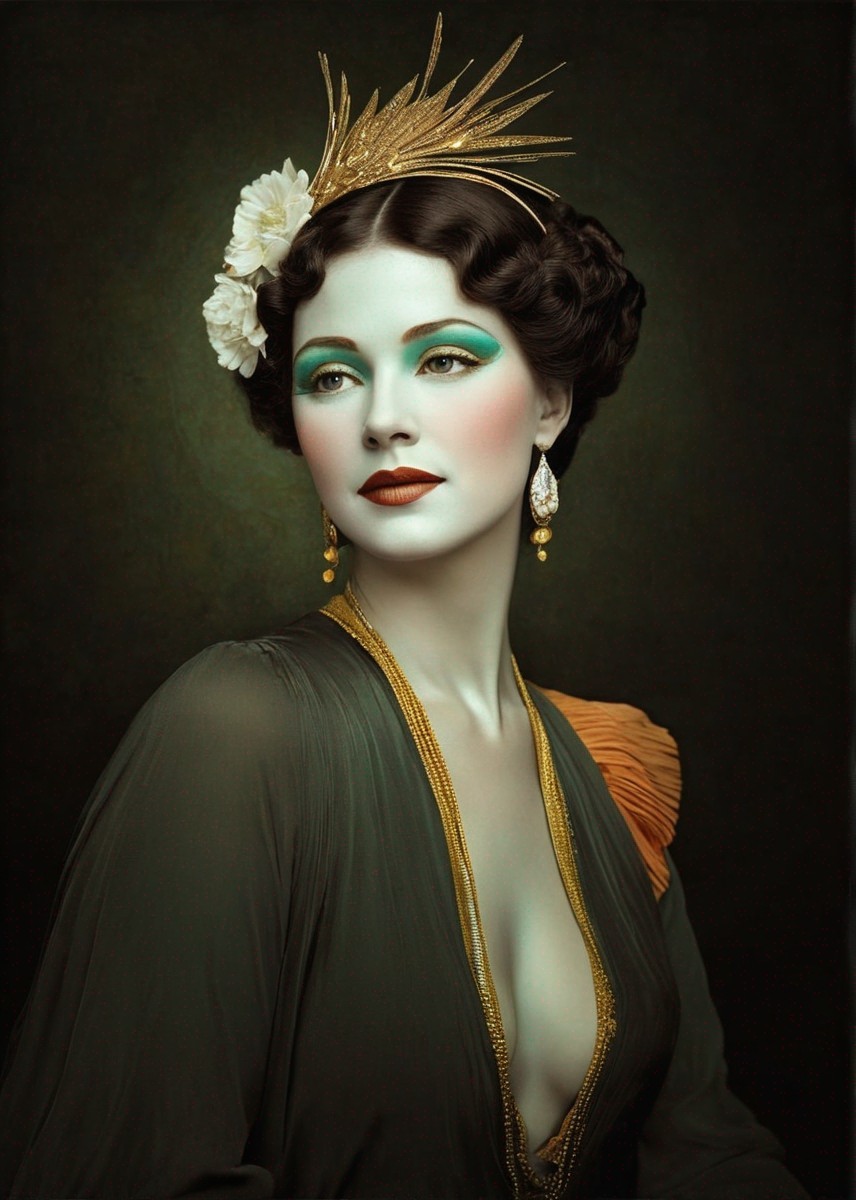 Vintage-inspired woman in bold green makeup and elegant attire.
