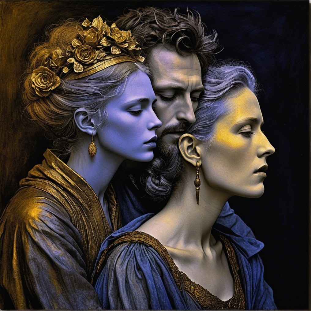 Three Figures in Artistic Composition with Floral Crown