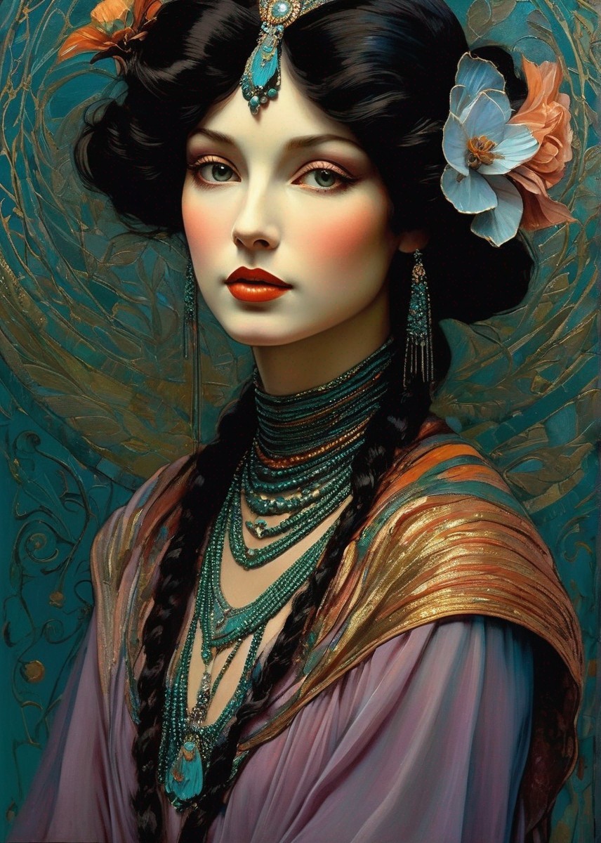 Portrait of a woman with pale skin, dark hair, blue jewels, golden shawl, and be