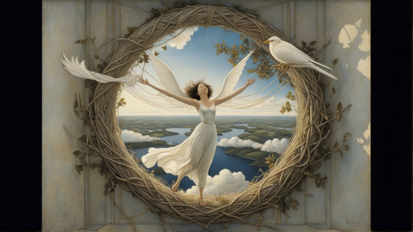 Serene Woman in White Dress Surrounded by Doves