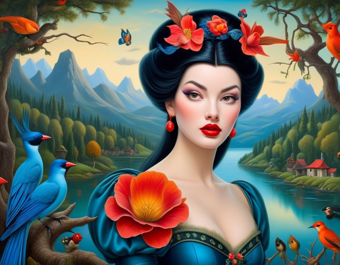 Stylized woman in blue dress with floral hair decorations among birds and serene lake landscape