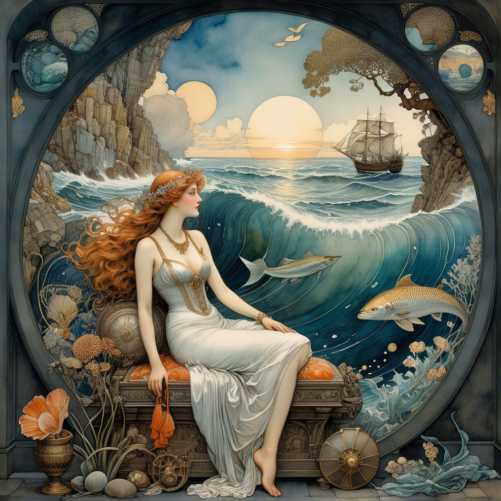 Woman in White Gown by Ocean at Sunset