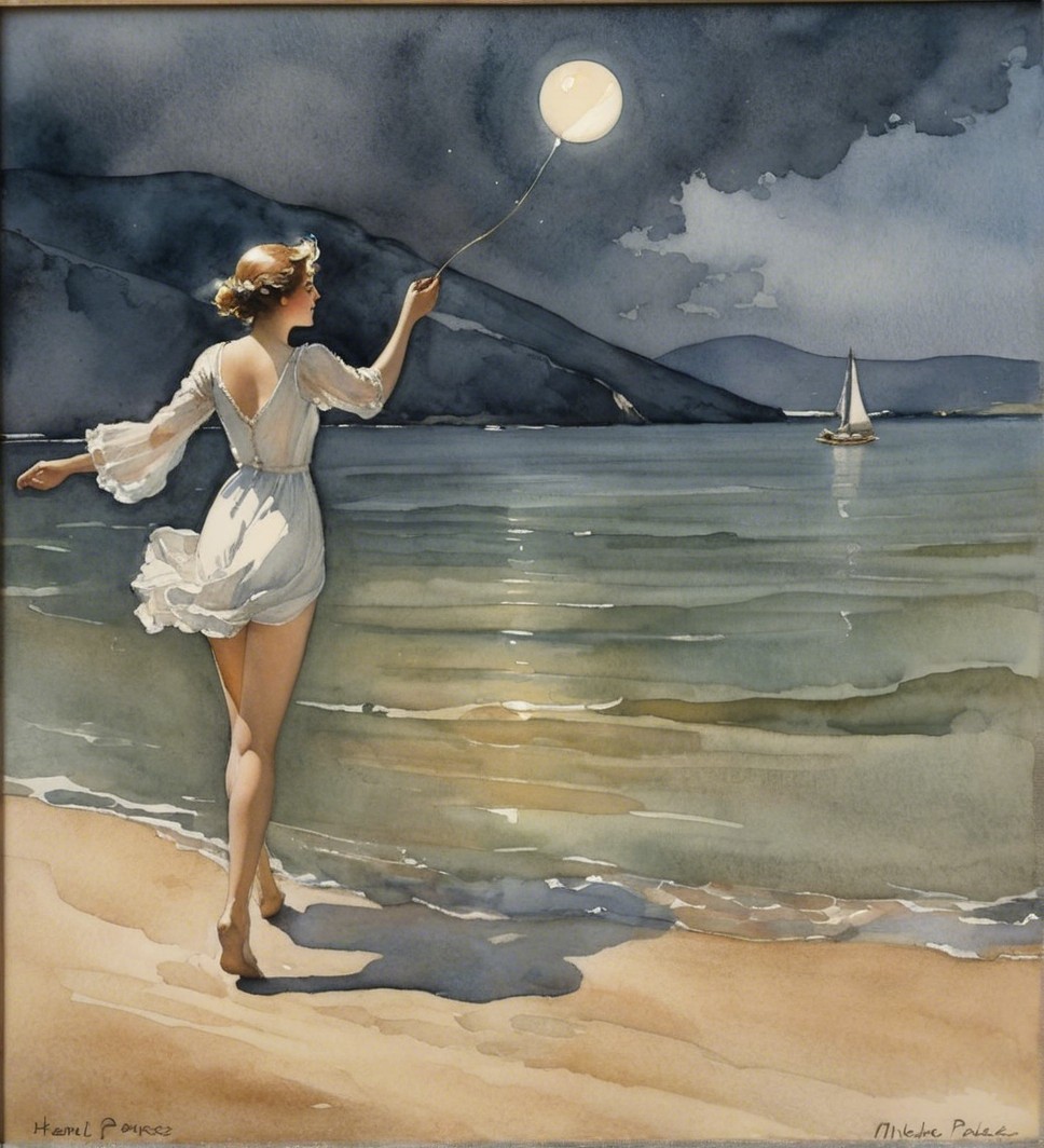 Young Woman in White Dress at Dusk on Beach