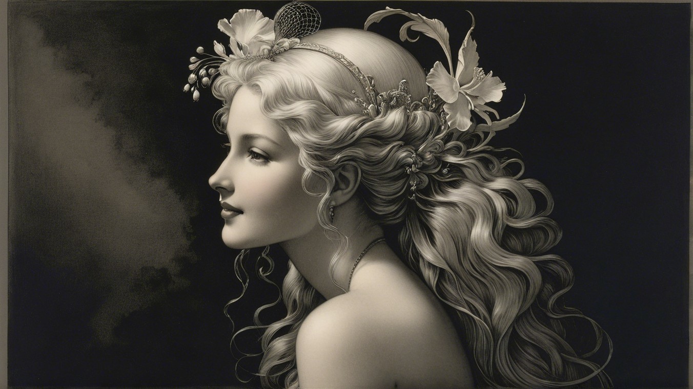 Side Profile of a Woman with Flowing Hair and Flowers