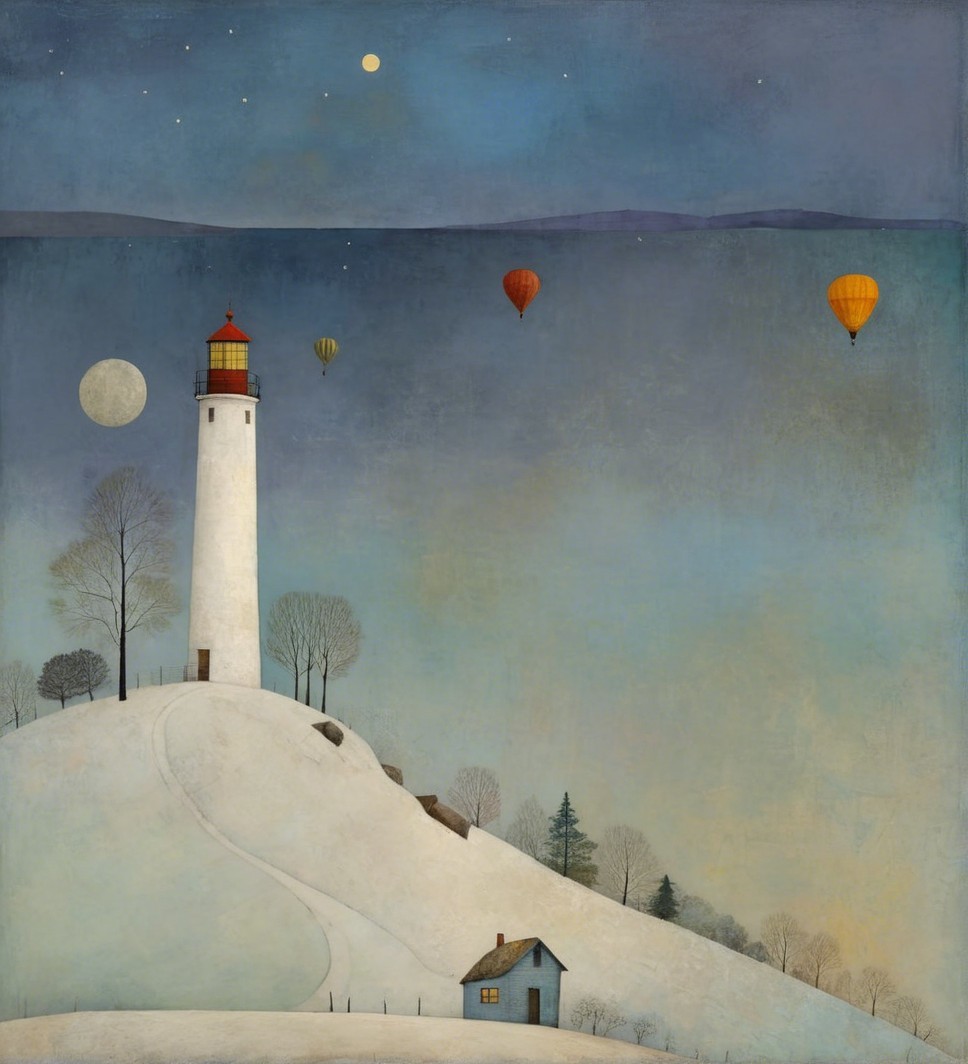 Winter Landscape with Lighthouse and Hot Air Balloons