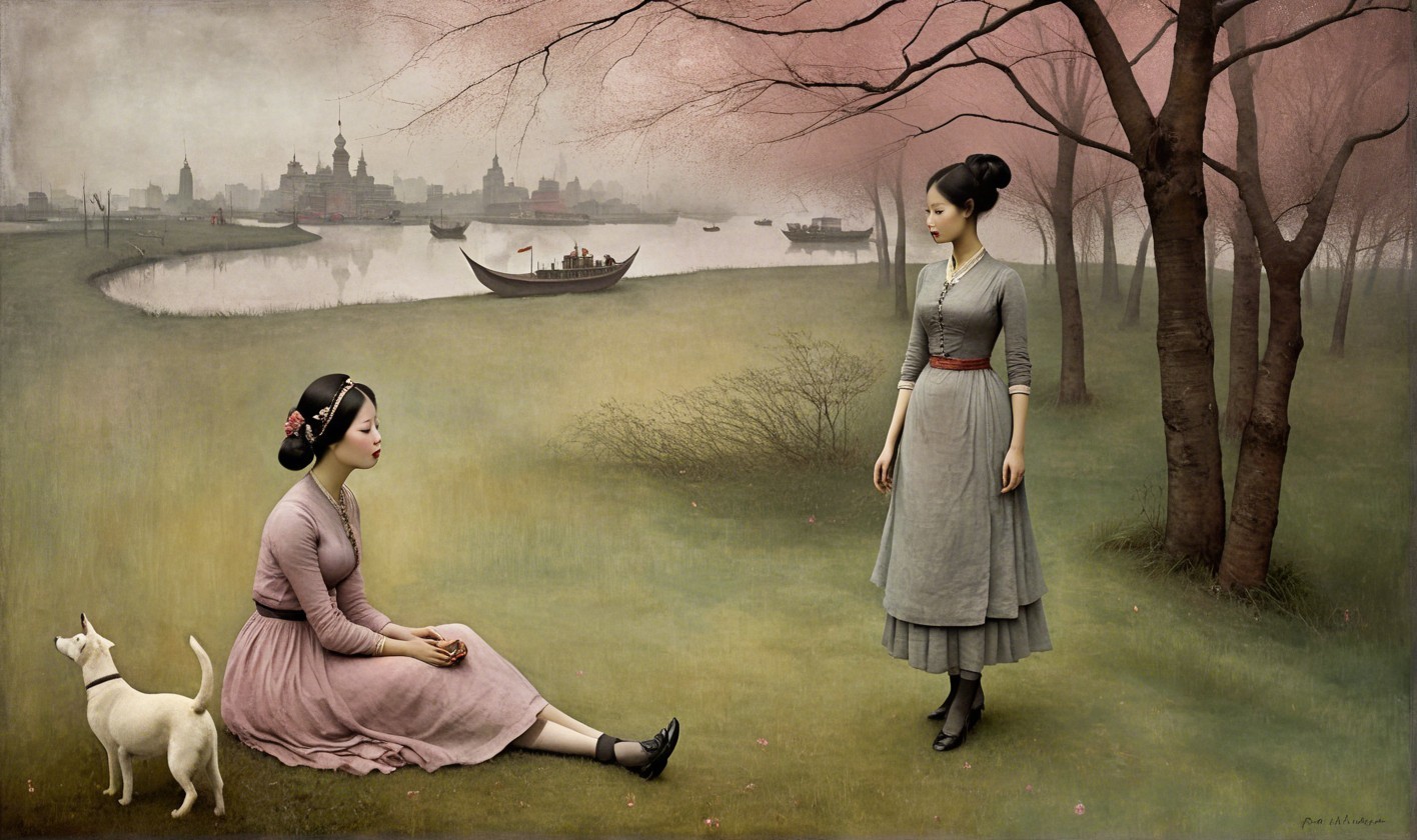 Two Women in a Park by a River with a City View