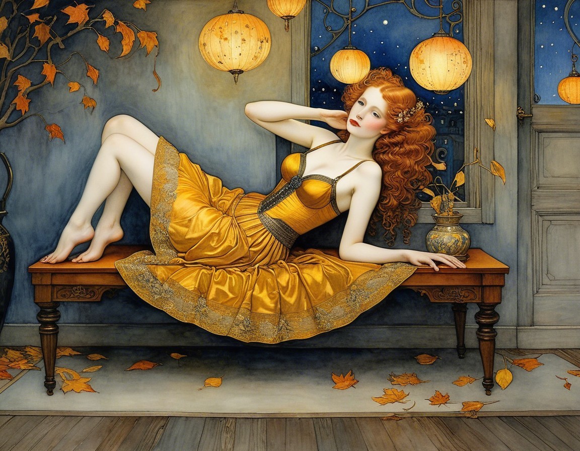 Whimsical Scene of Woman in Yellow Dress with Lanterns
