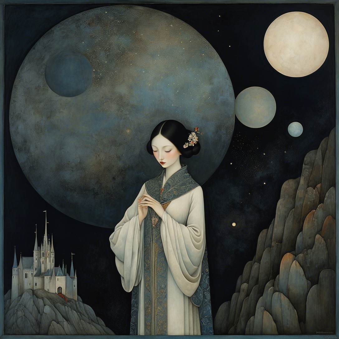 Fantastical Painting of Woman with Moons and Castle
