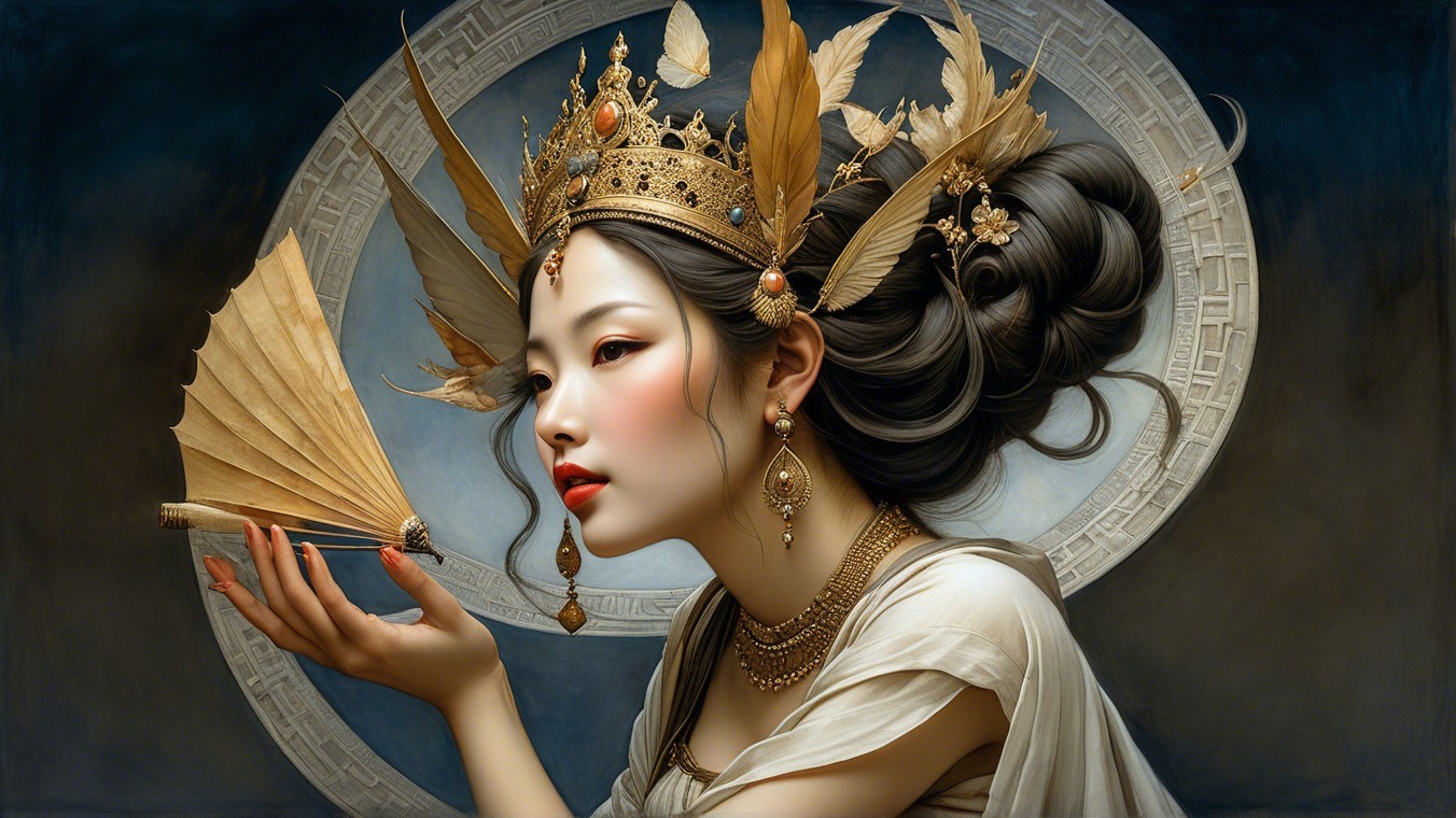 Elegant woman in regal attire with feather crown