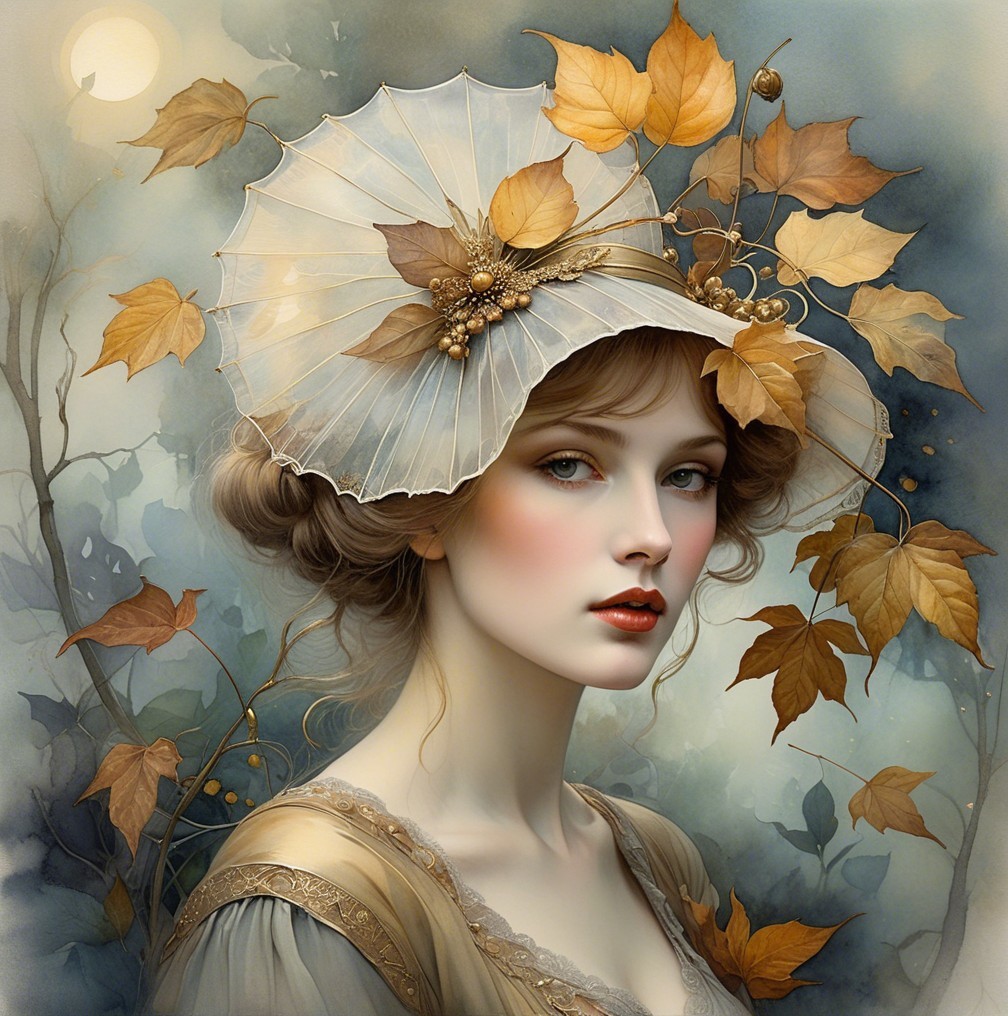 Graceful Woman in Leaf Hat Amidst Autumn Foliage