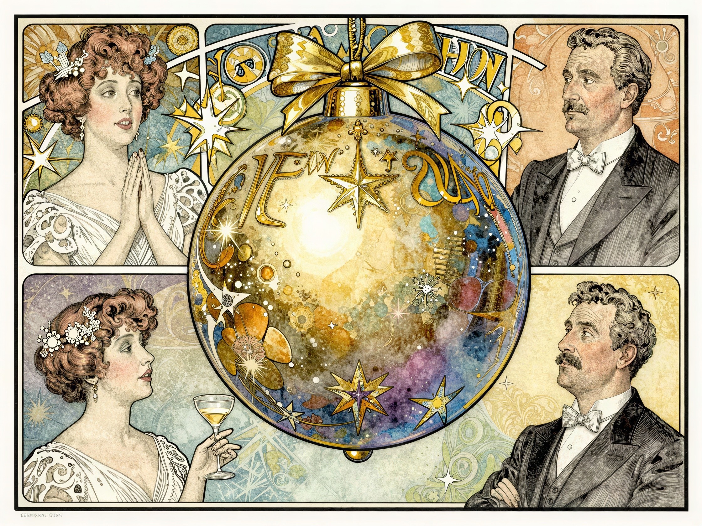 Mucha-style illustration of people with Christmas ornament
