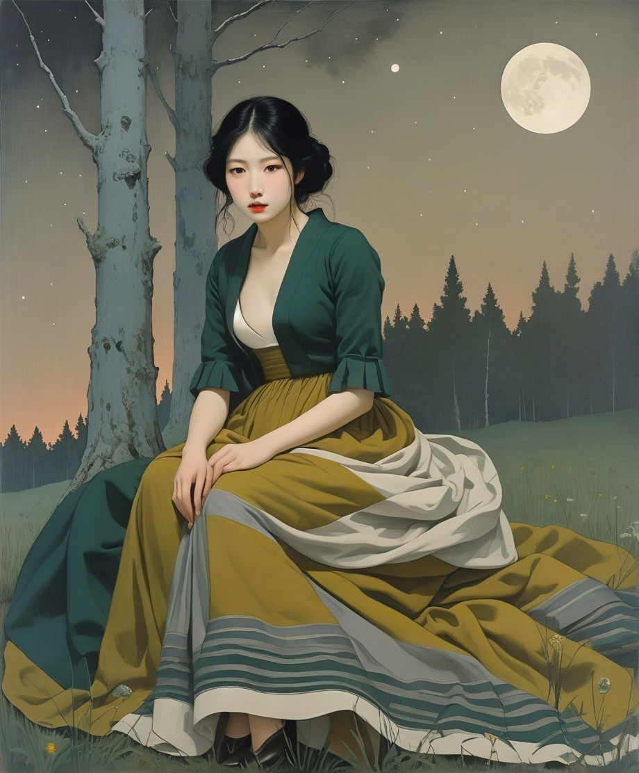 Serene Woman in Moonlit Forest Landscape