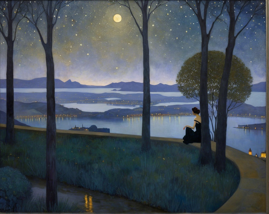Serene Nighttime Landscape with Moon and Figure