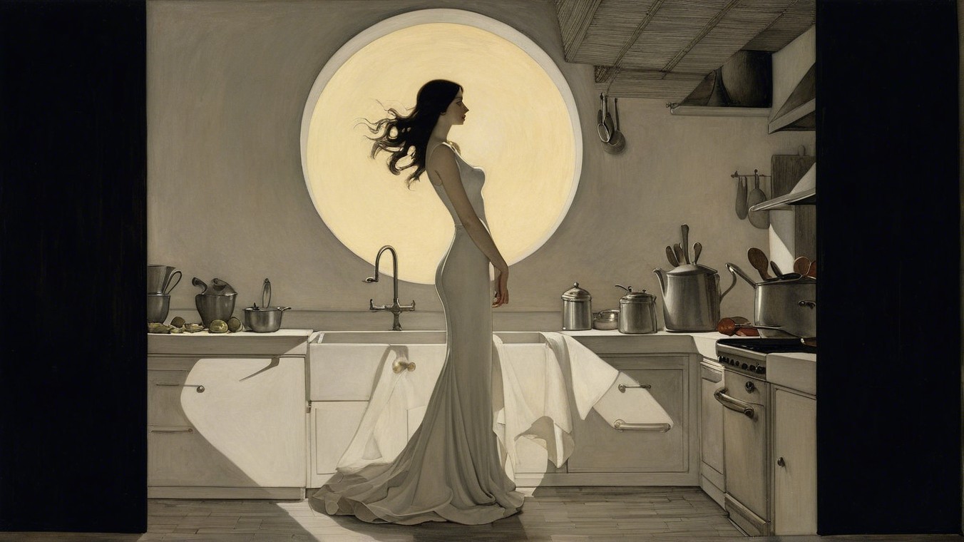 Serene Kitchen with Woman in White Dress and Sunlight