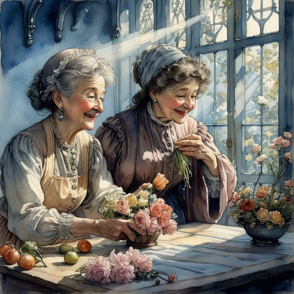 Elderly Women Arranging Colorful Flowers in Sunlit Room