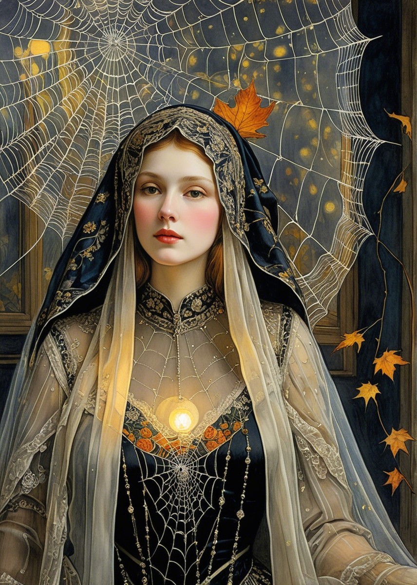 Mystical figure in dark gown with golden spider web motif
