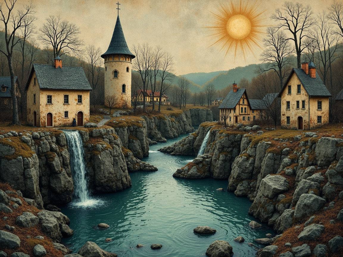 Serene Landscape with Rustic Houses and Waterfalls