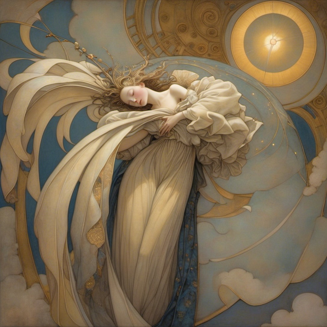 Ethereal figure in flowing garments against golden clouds
