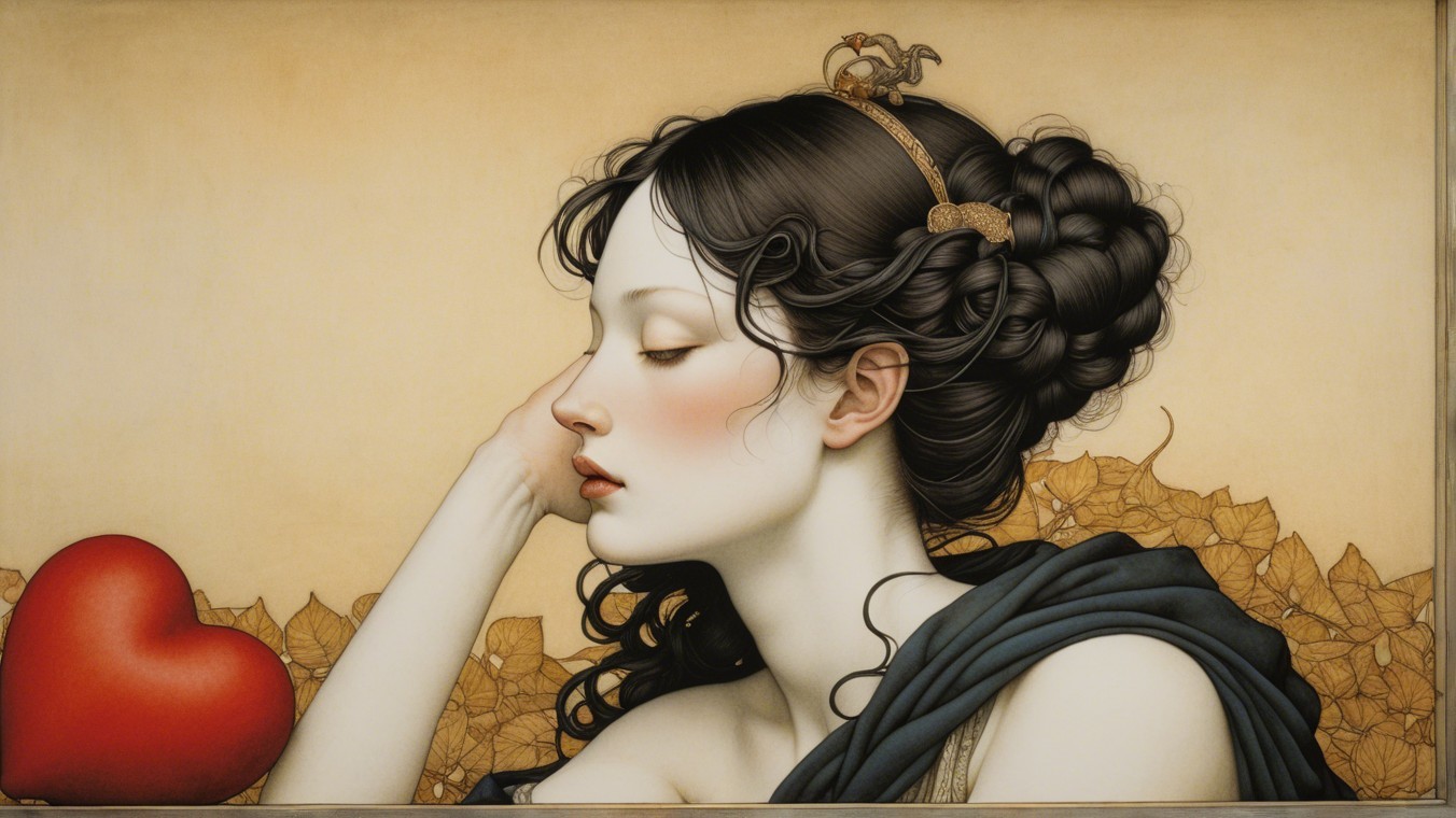 Serene Young Woman with Heart and Autumn Leaves