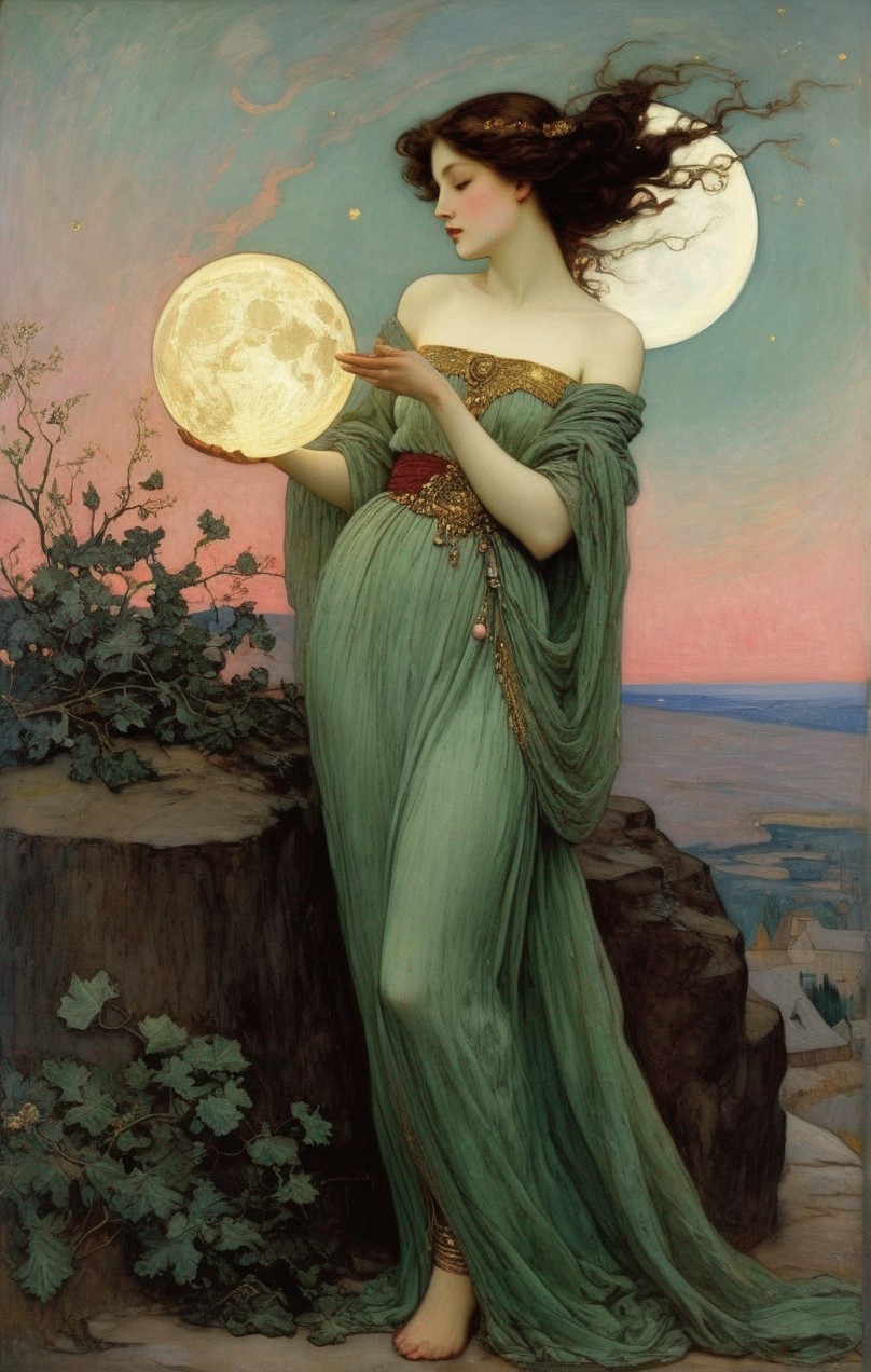 Woman in green robe holding glowing disk against twilight sky by the sea
