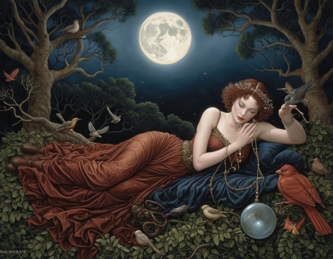 Serene Moonlit Scene with Young Woman in Red Gown