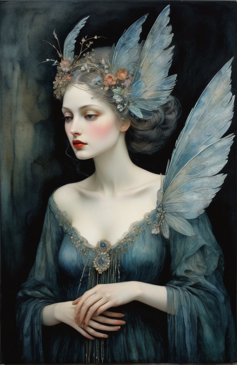 Fairy Figure with Blue Wings and Ethereal Gown