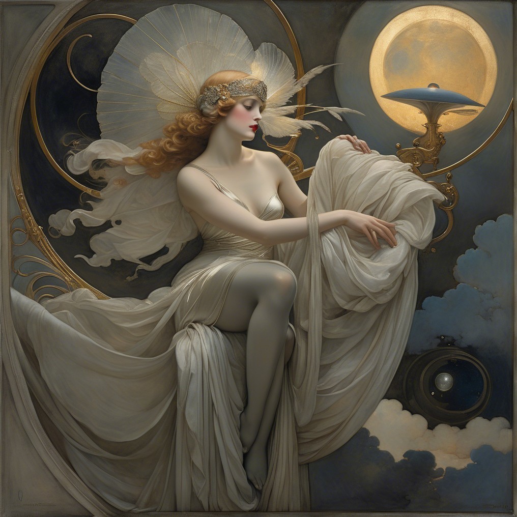 Ethereal figure in flowing white with moonlit backdrop