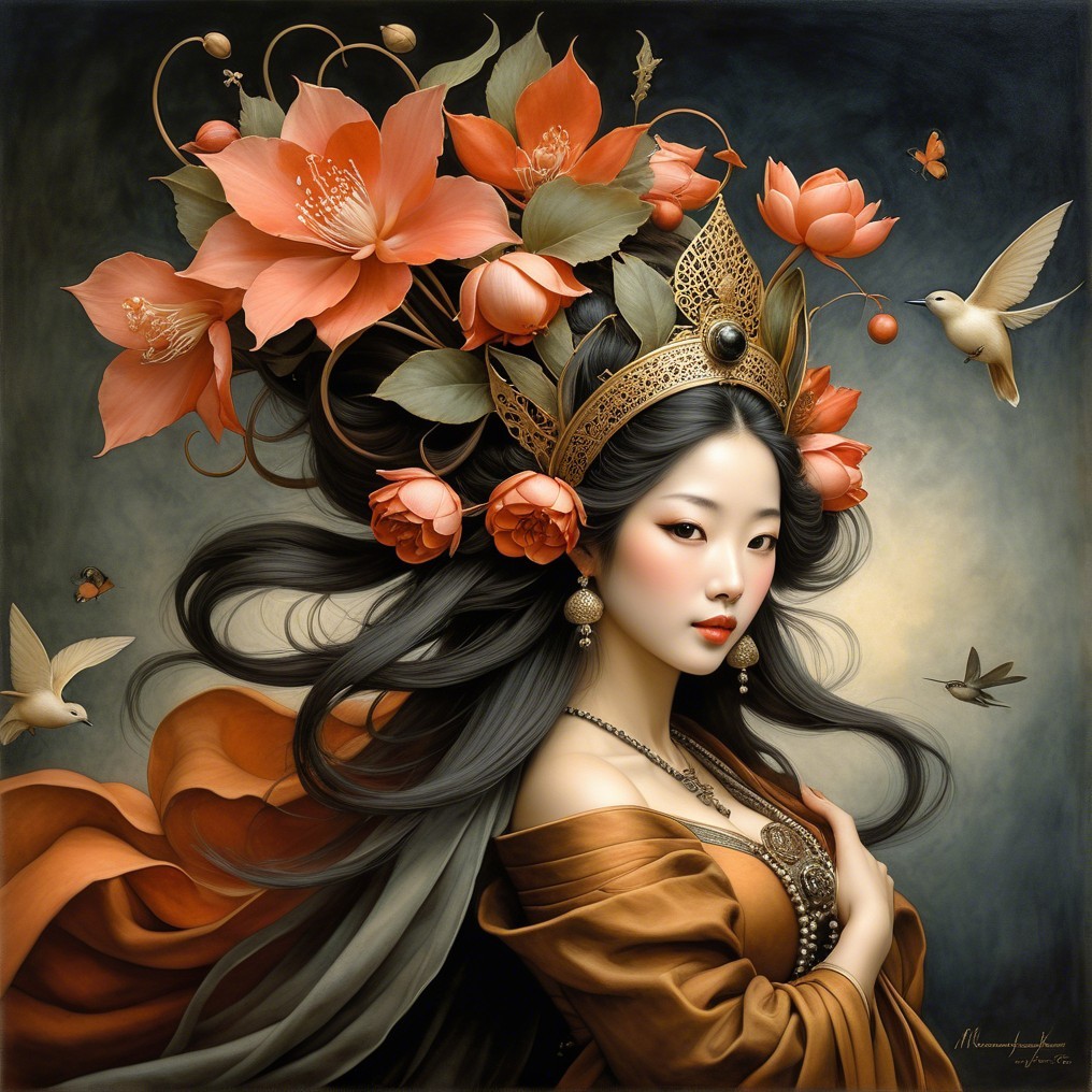 Woman in Floral Crown Surrounded by Butterflies