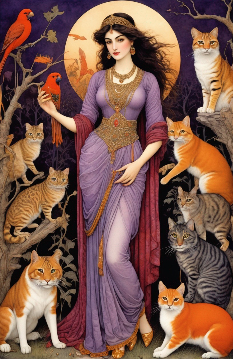 Woman in Purple Dress with Cats and Bird at Night