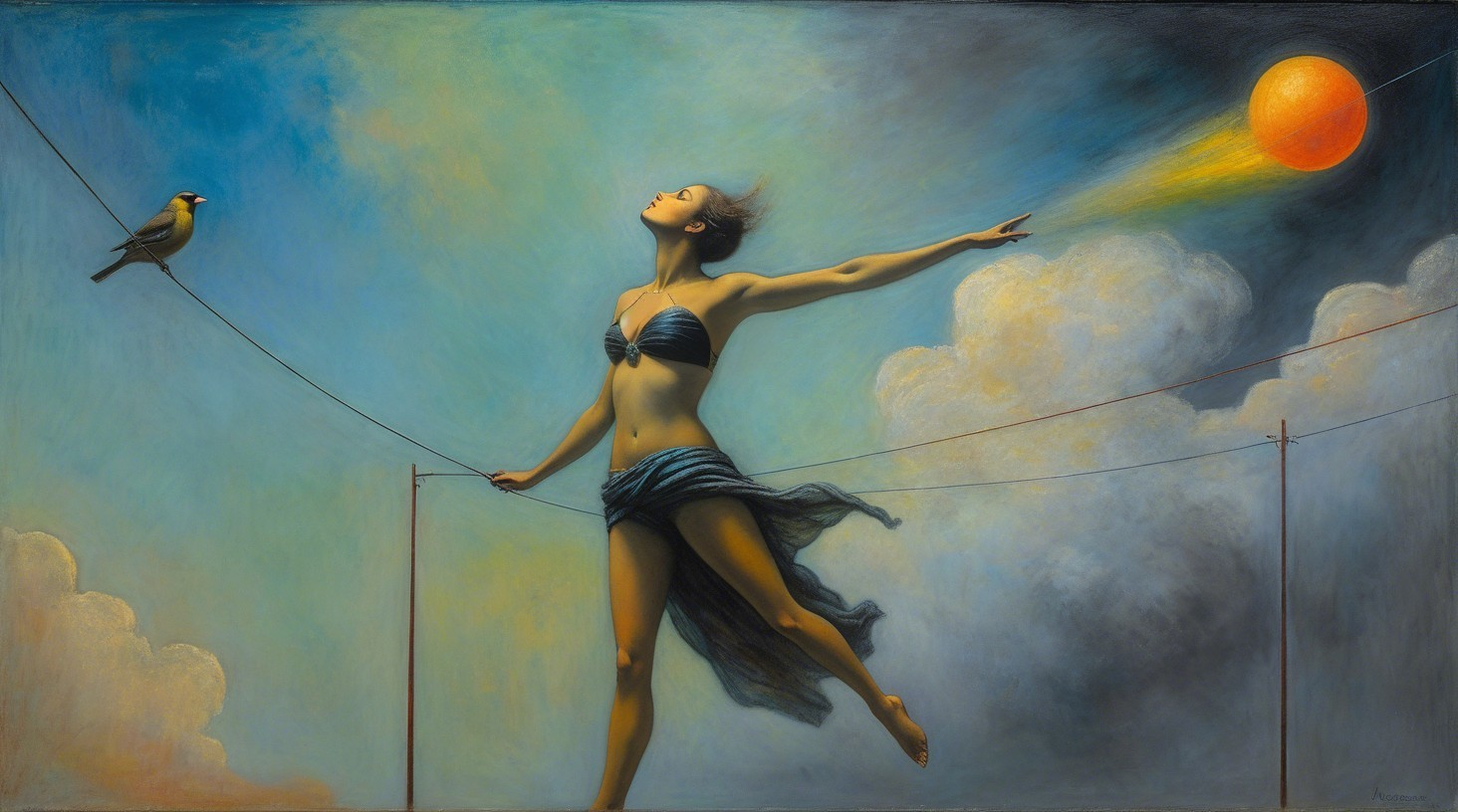 Surreal Painting of Woman Balancing on Wire with Orb