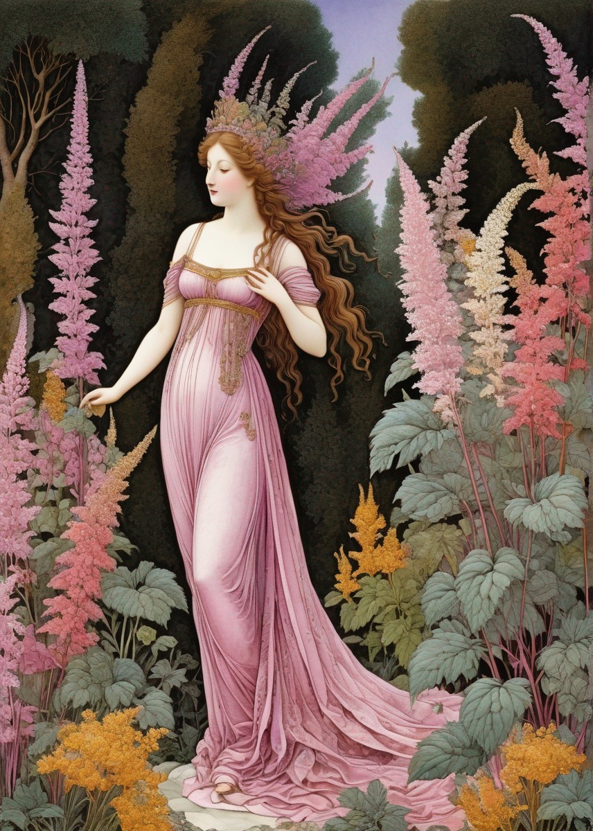 Woman in Pink Dress Among Tall Flowers in Garden