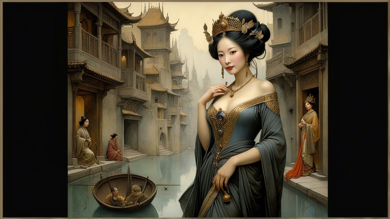 Elegant Woman by Serene Canal in Traditional Setting