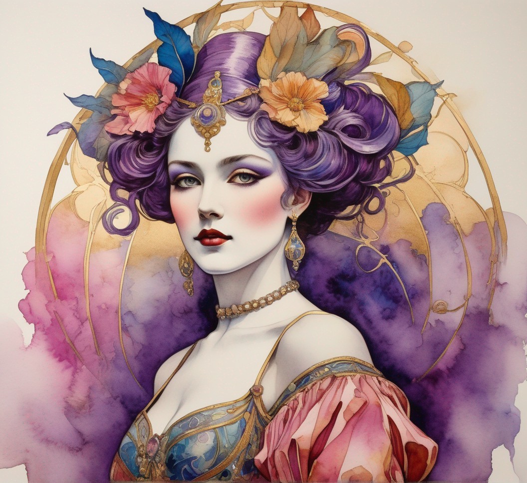 Colorful illustration of a woman with purple hair, adorned with flowers and leaves, wearing a golden head