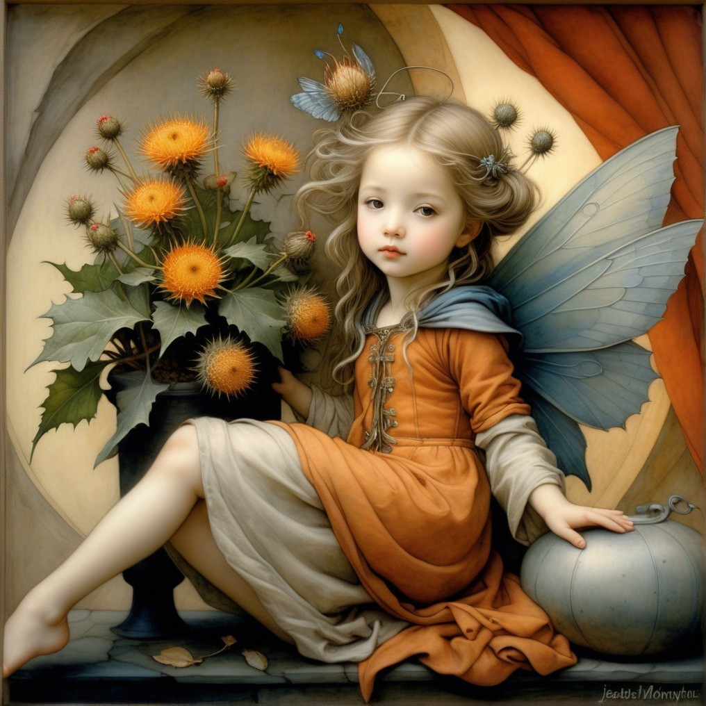 Whimsical fairy girl with blue wings and flowers