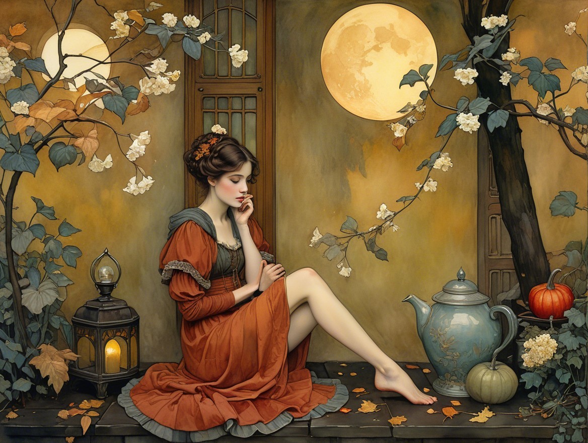 Serene Woman in Orange Dress by Autumn Window