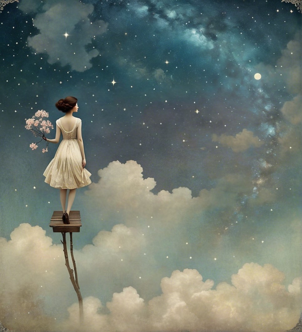 Woman in White Dress Above Clouds with Starry Sky