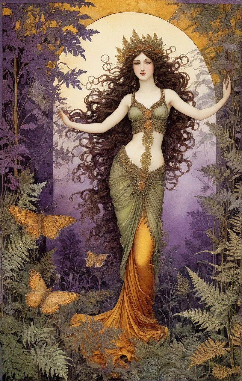 Fantasy Illustration of Woman by Full Moon and Flora