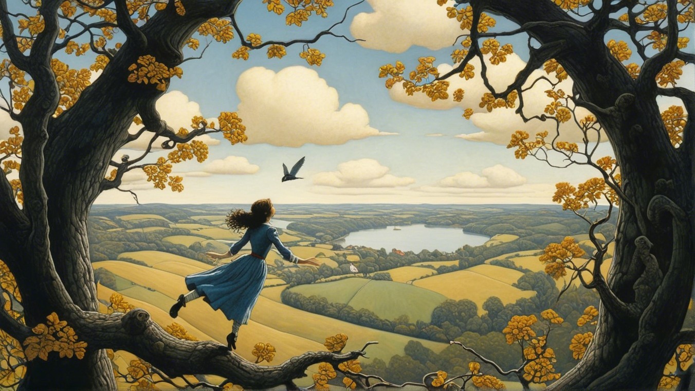 Serene landscape with a girl in a blue dress and nature