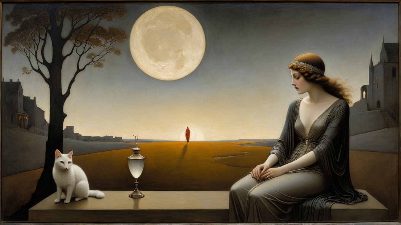 Dreamlike Landscape with Woman, Cat, and Moonlight