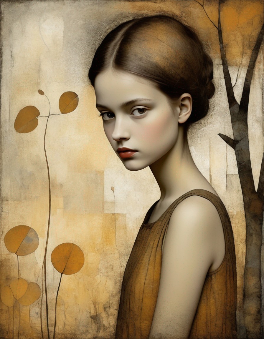 Young woman with solemn expression in digital painting against abstract botanical backdrop