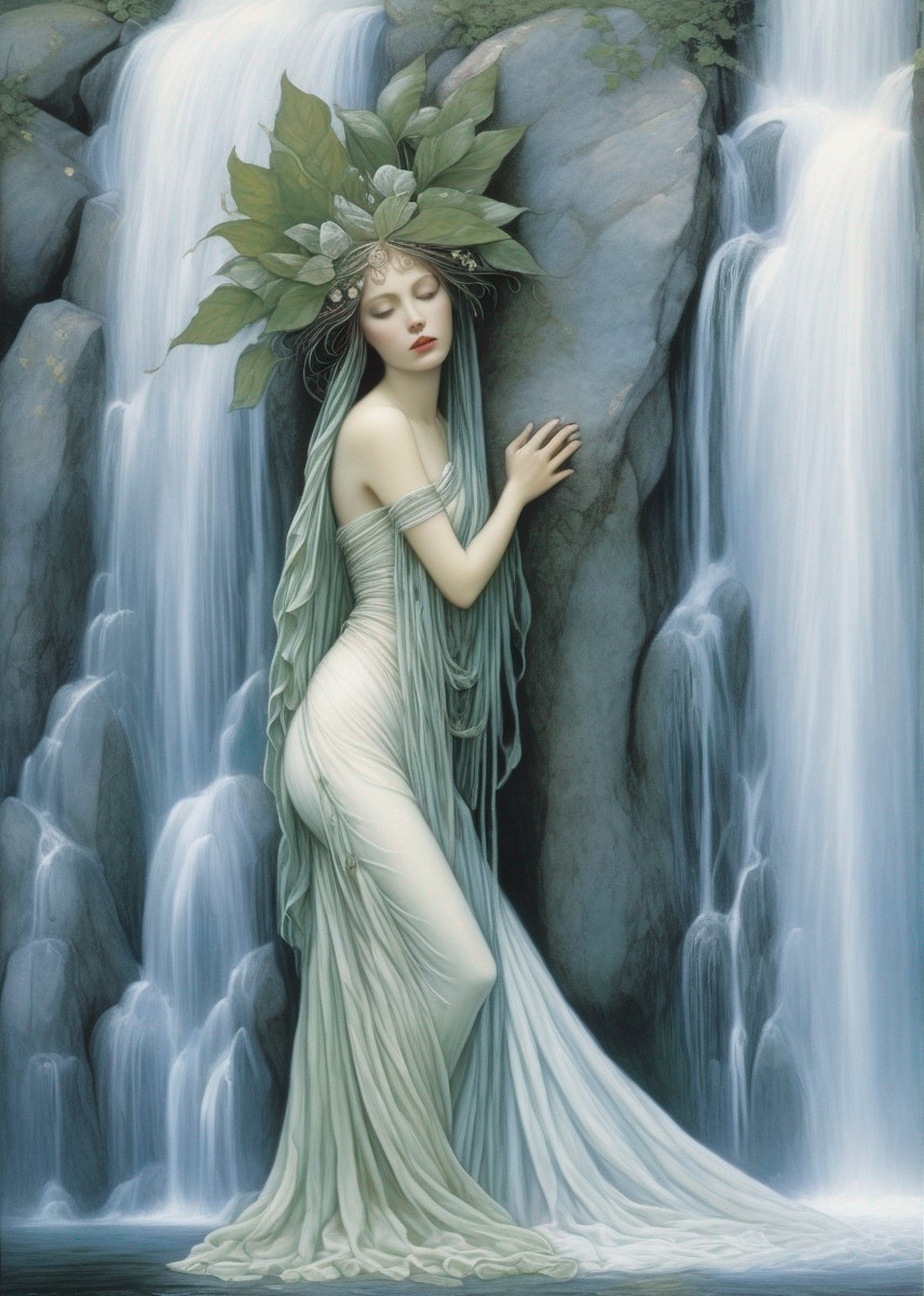 Woman with leafy headwear embracing rock near waterfall in serene illustration