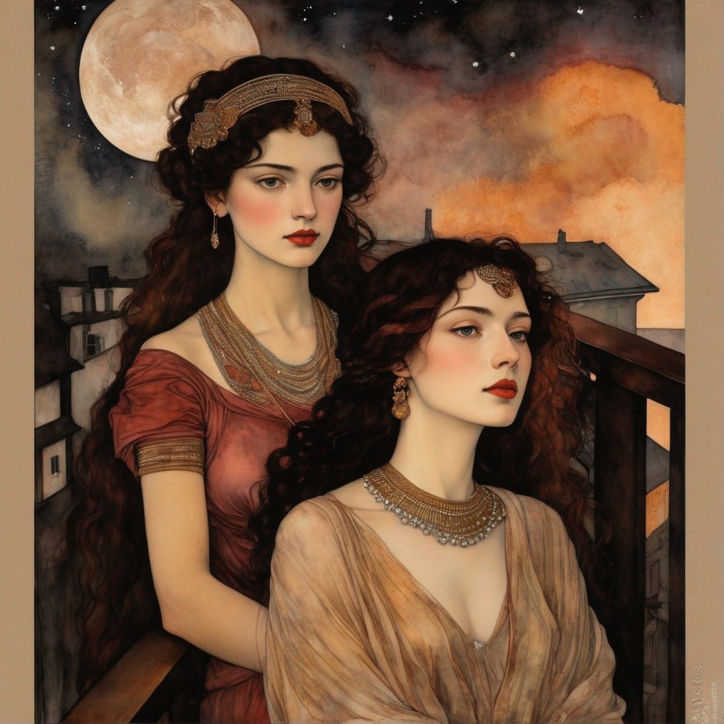 Two women in vintage dresses and ornate jewelry under a moonlit sky.
