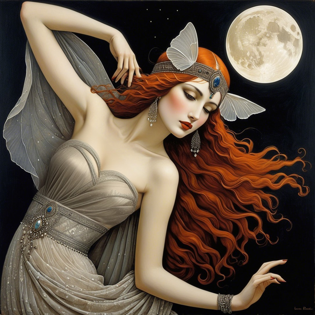 Woman with Red Hair and Butterfly Wings Under Moon